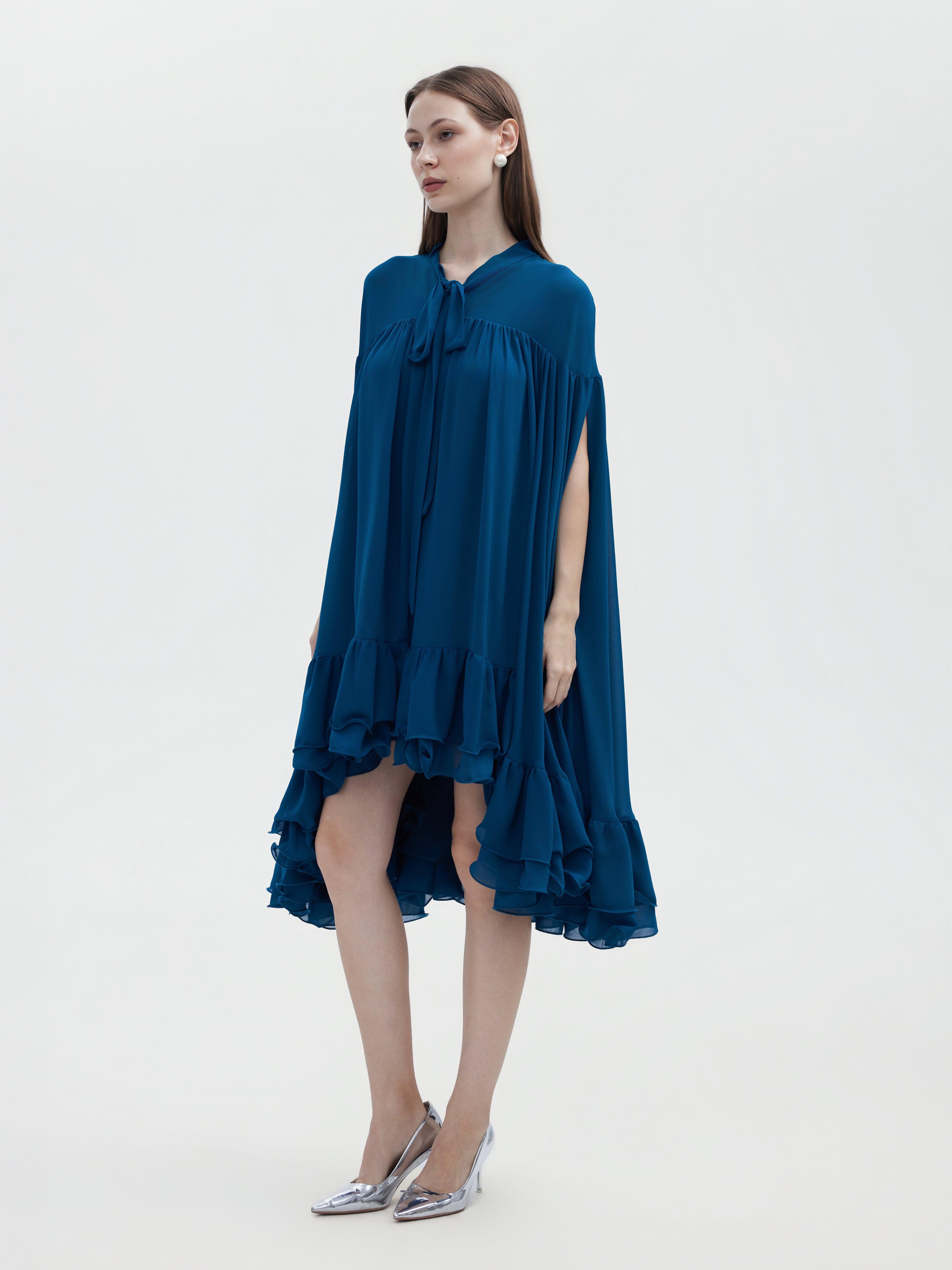 BLUE CHIFFON CAPE MINI DRESS