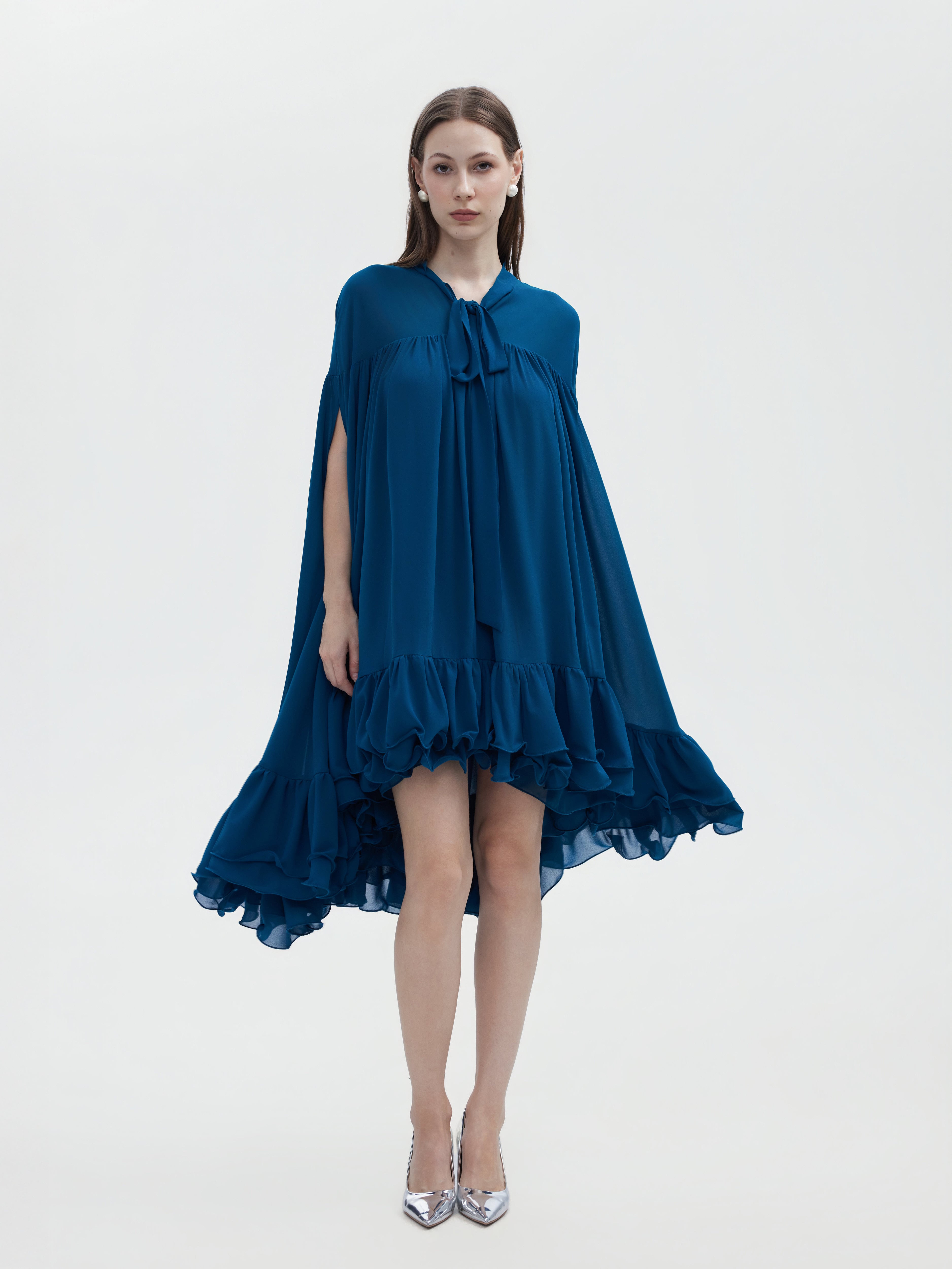 BLUE CHIFFON CAPE MINI DRESS