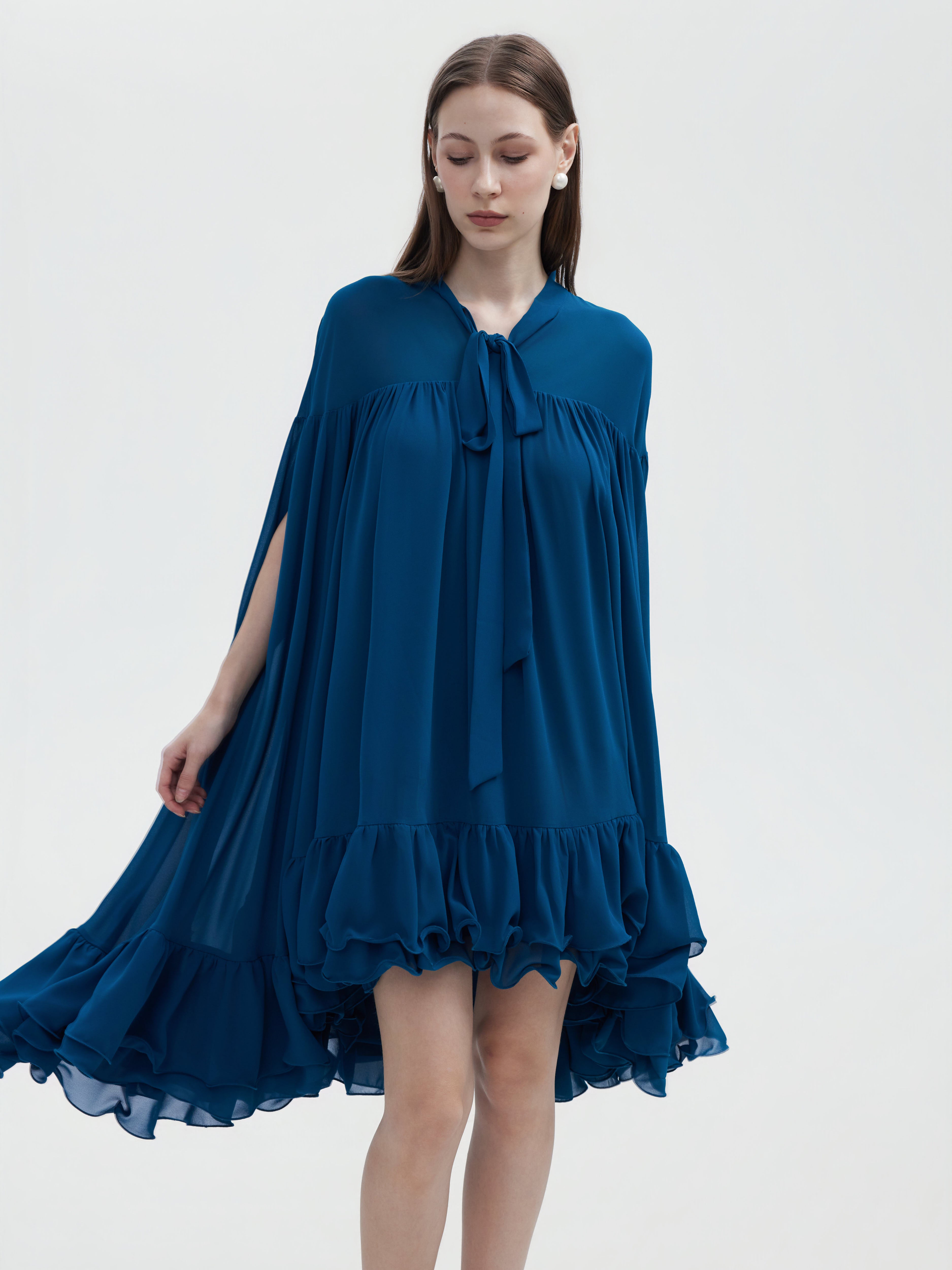 BLUE CHIFFON CAPE MINI DRESS