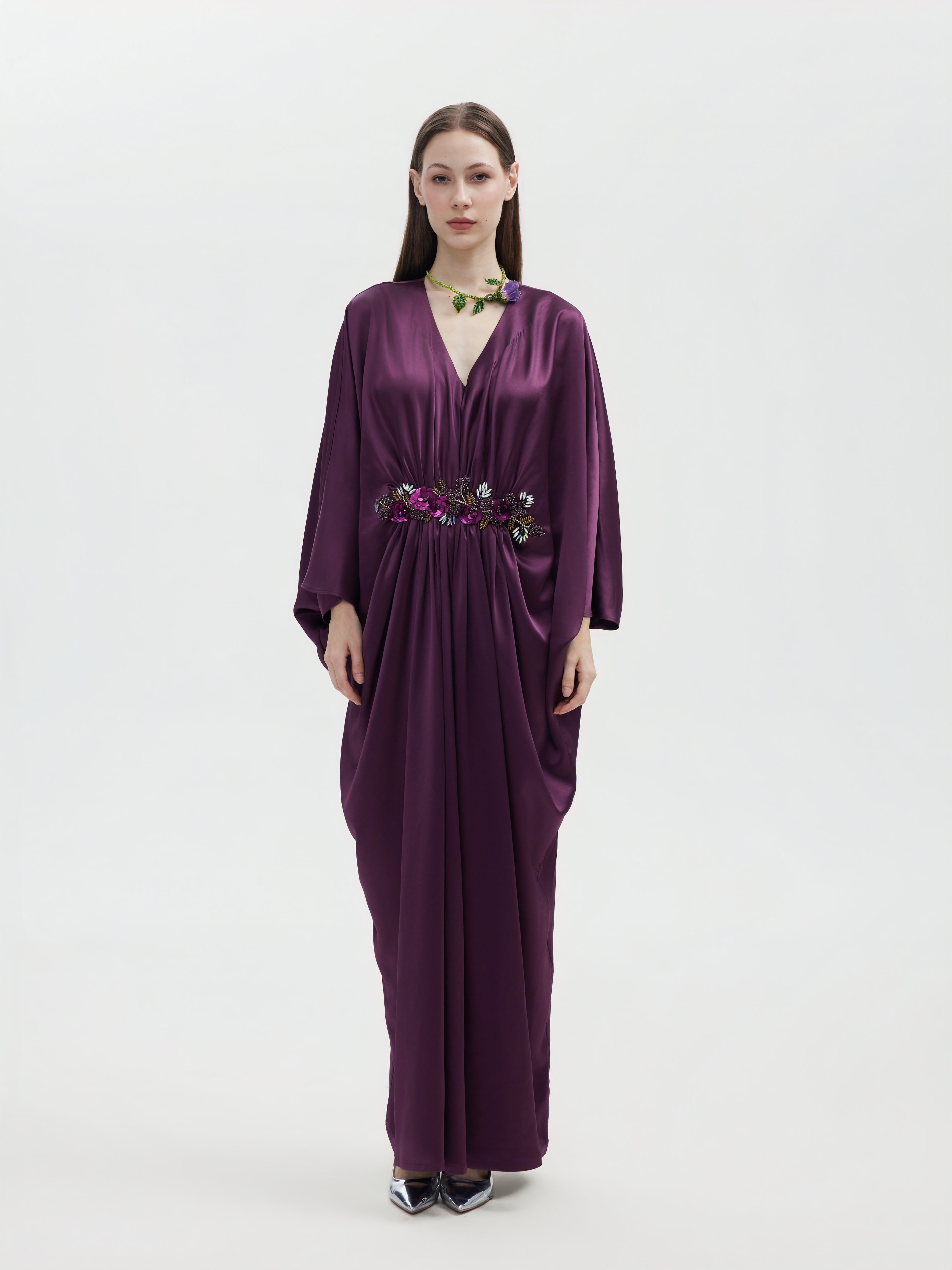 DEEP PURPLE ACETIC FRENCH BEADED MAXI DRESS