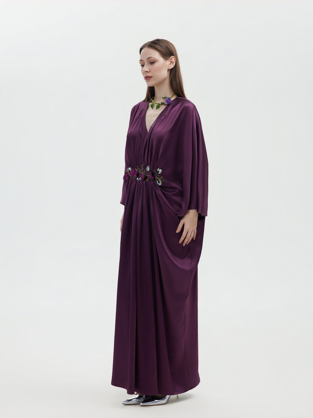 DEEP PURPLE ACETIC FRENCH BEADED MAXI DRESS