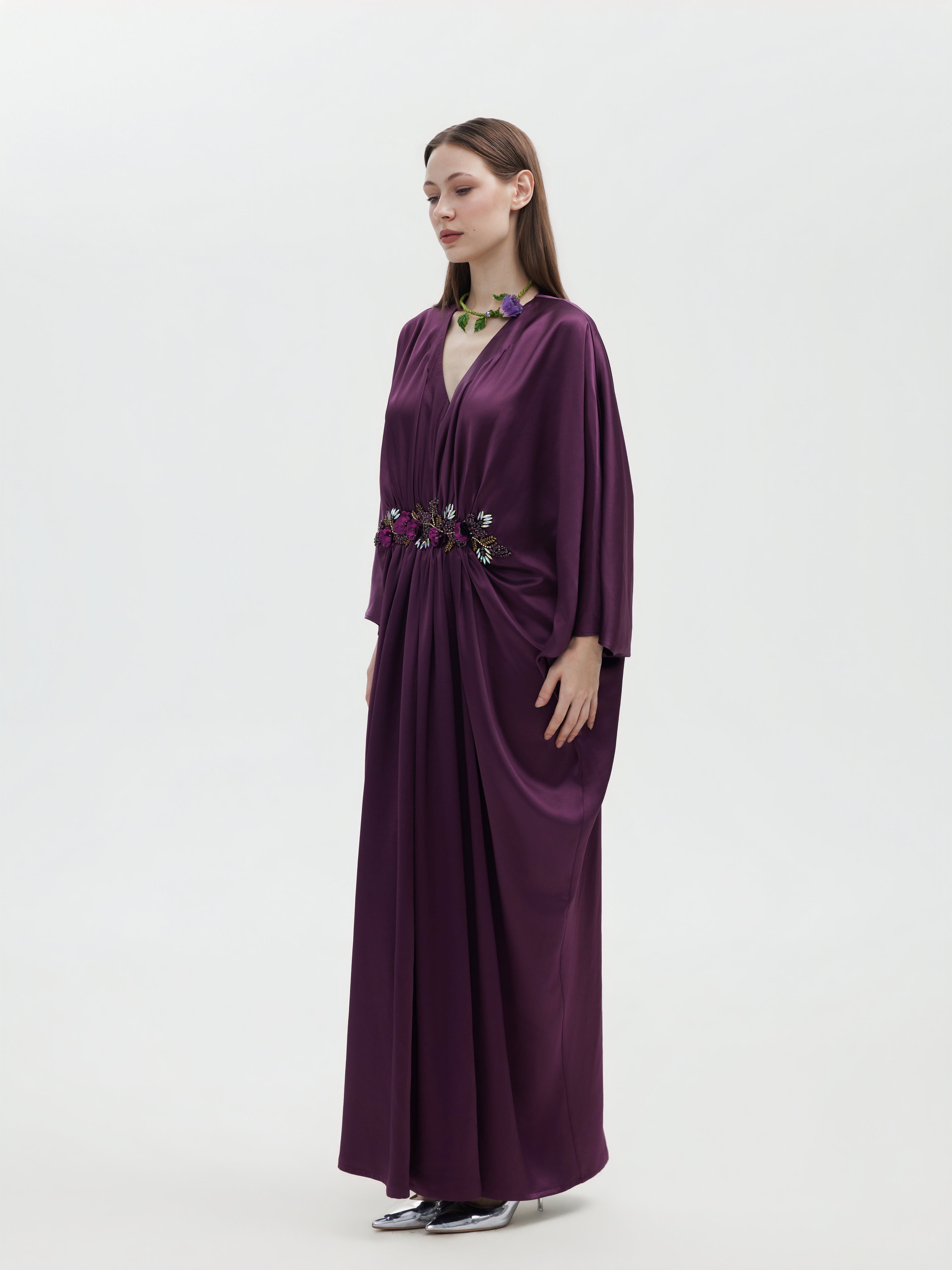 DEEP PURPLE ACETIC FRENCH BEADED MAXI DRESS