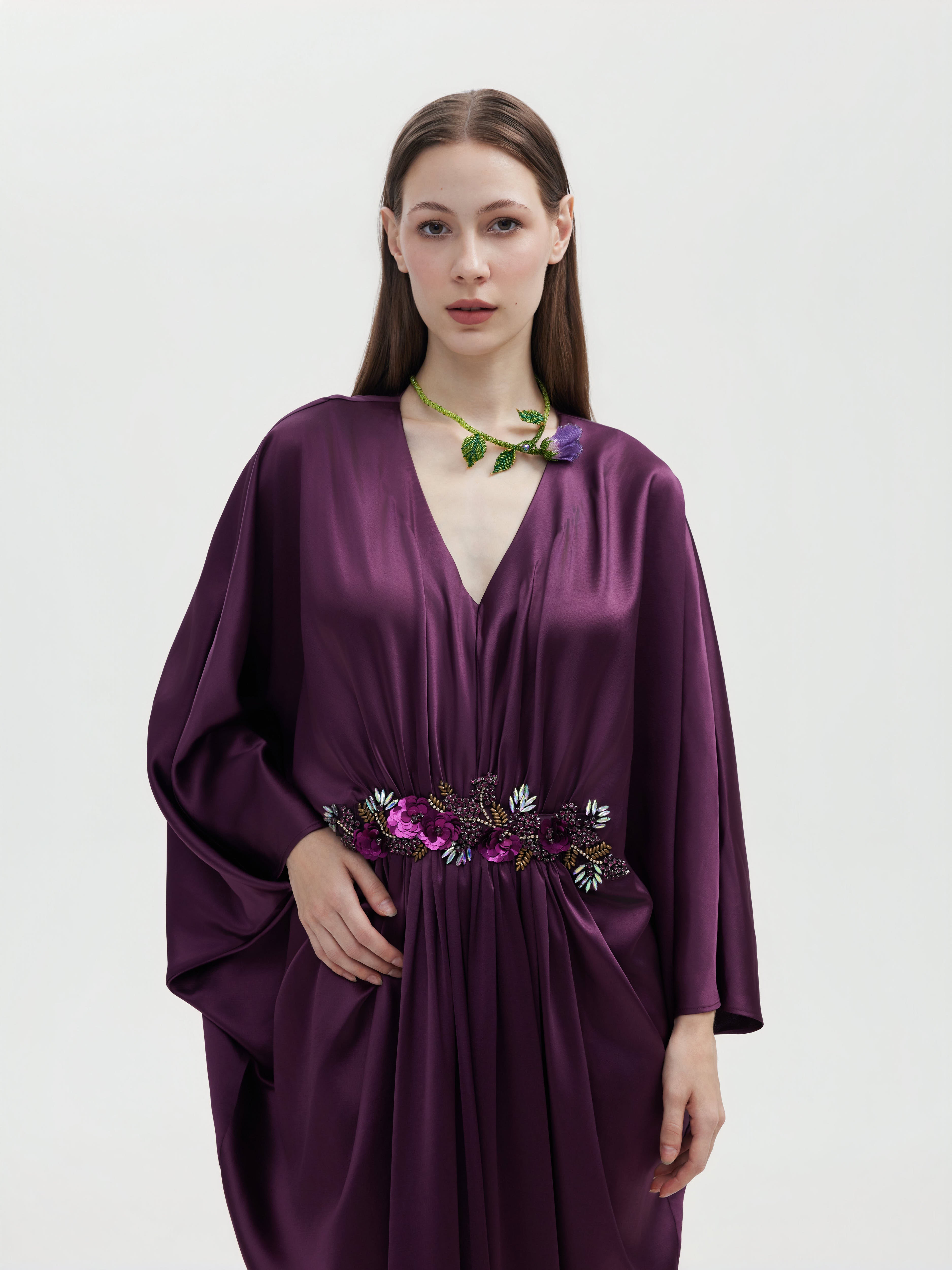 DEEP PURPLE ACETIC FRENCH BEADED MAXI DRESS