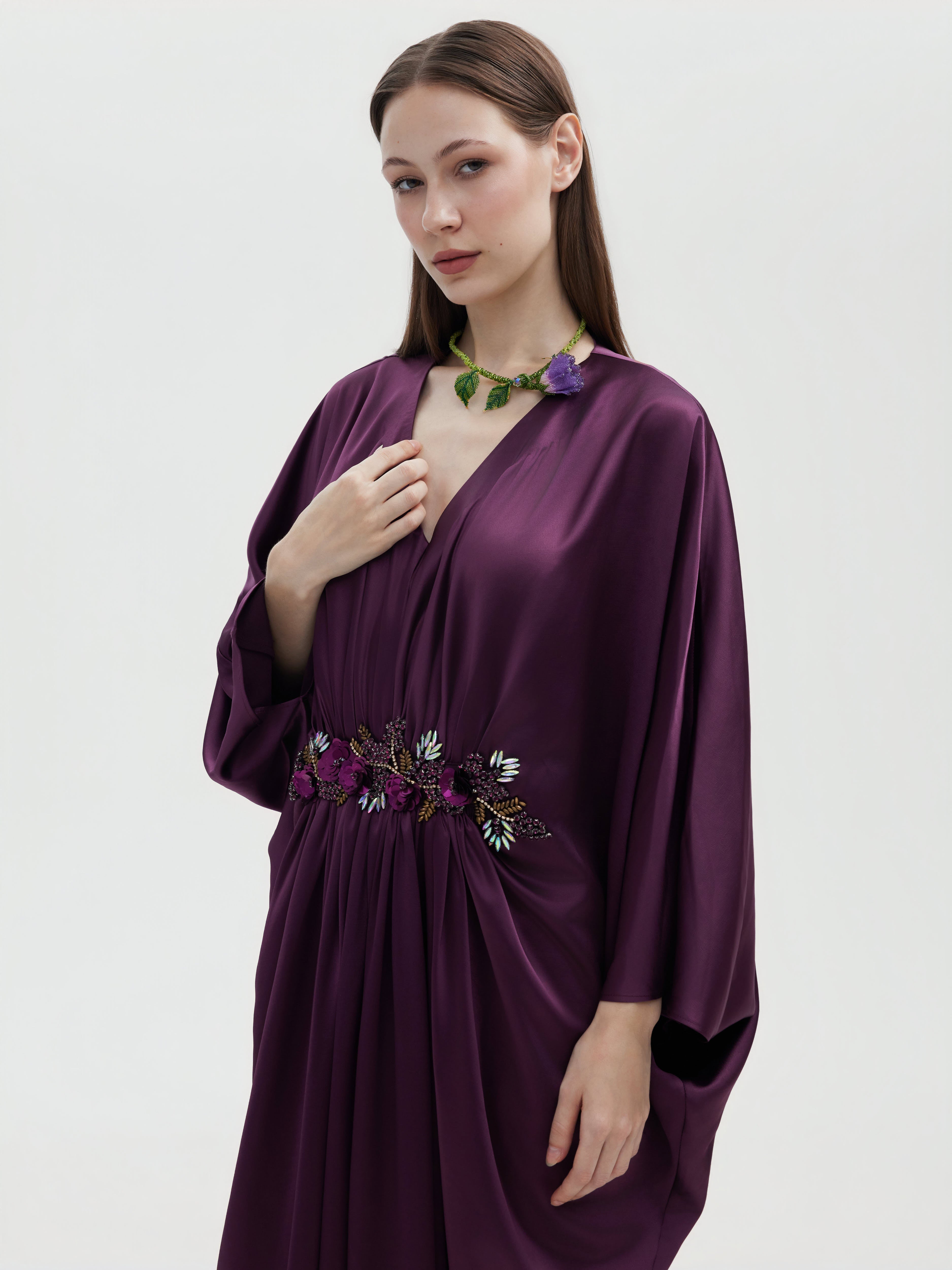 DEEP PURPLE ACETIC FRENCH BEADED MAXI DRESS