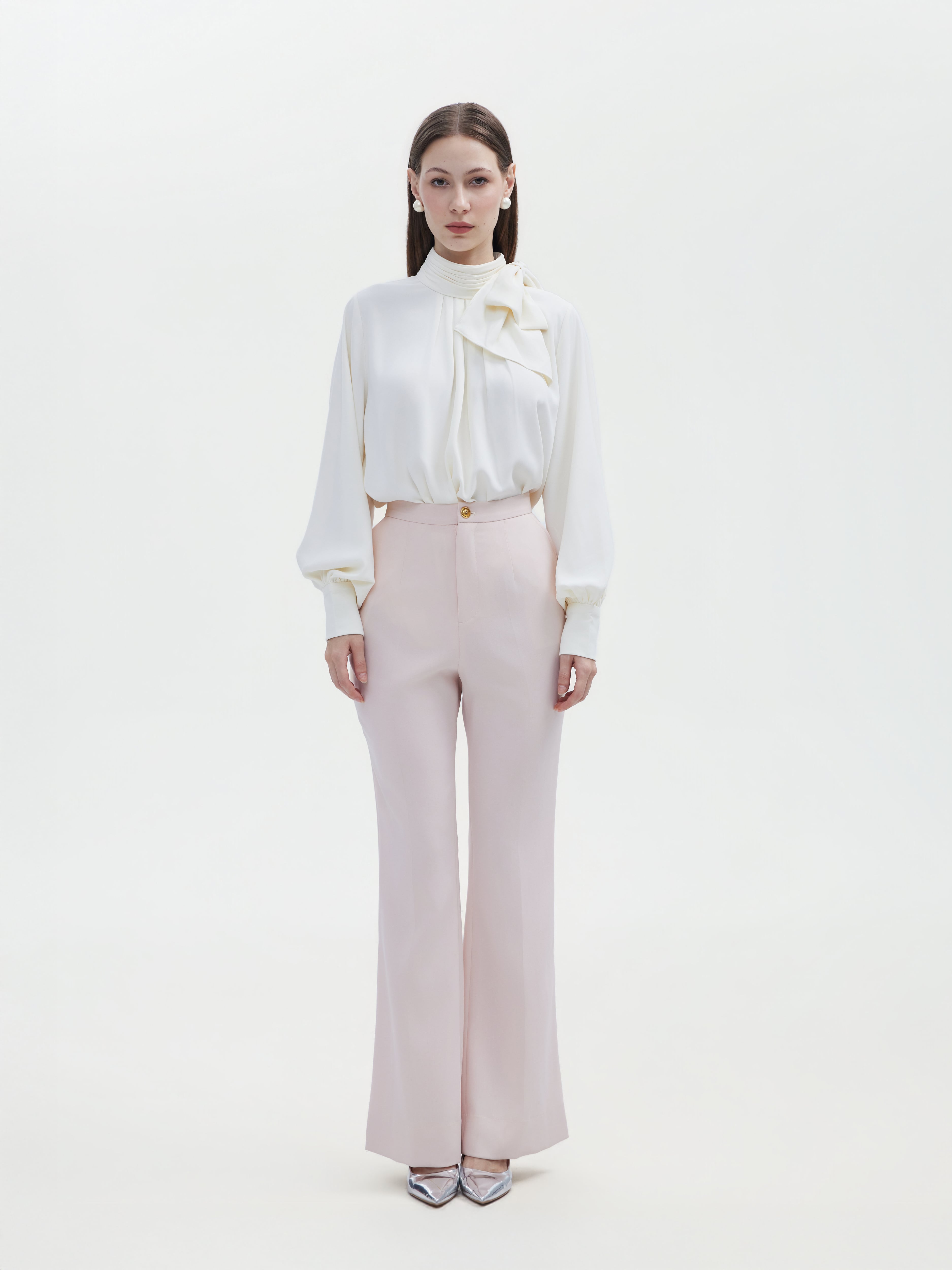 CREAM BOW NECK ACETIC TOP