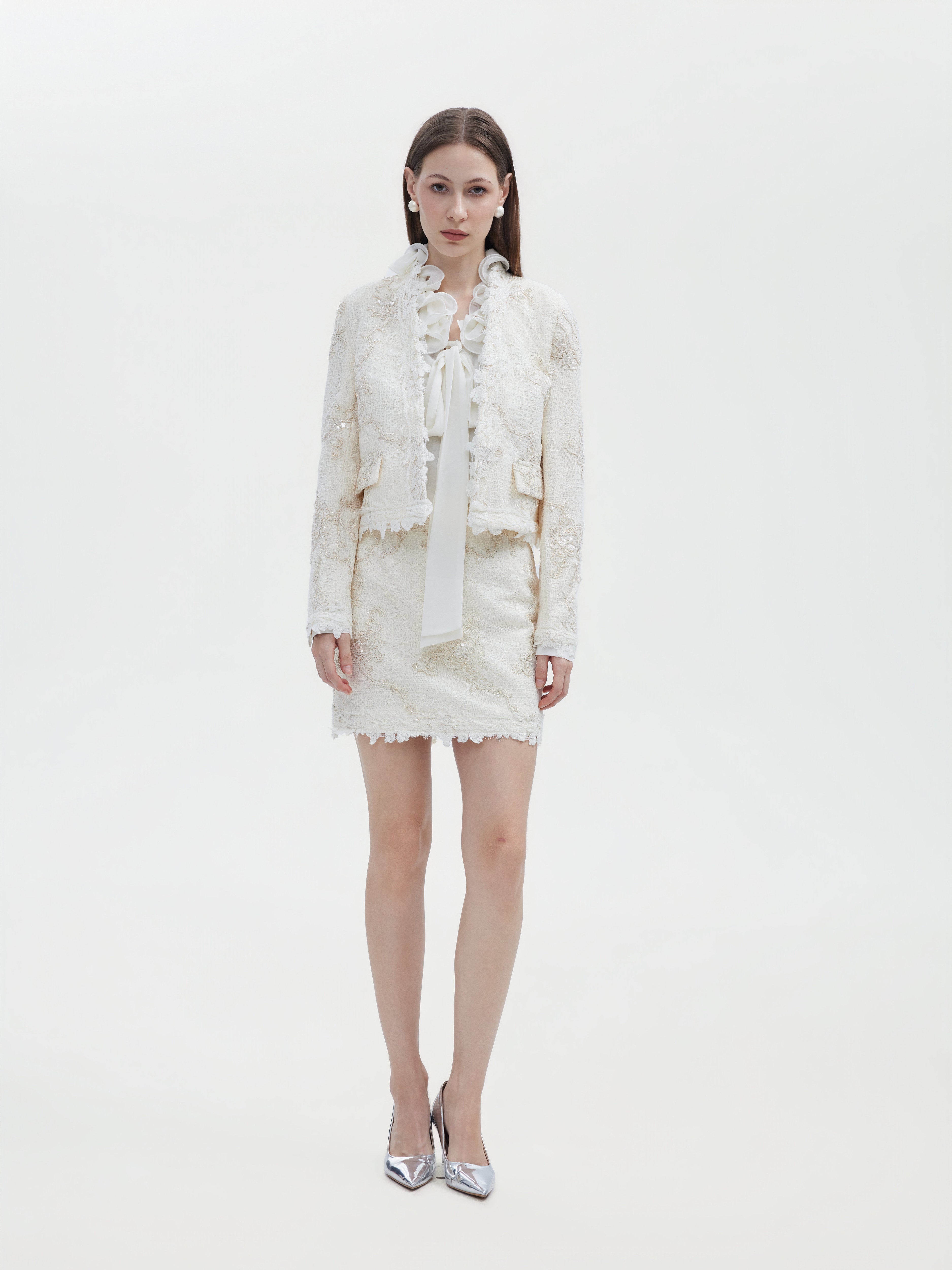 LVORY LACE TRIMMED TWEED JACKET