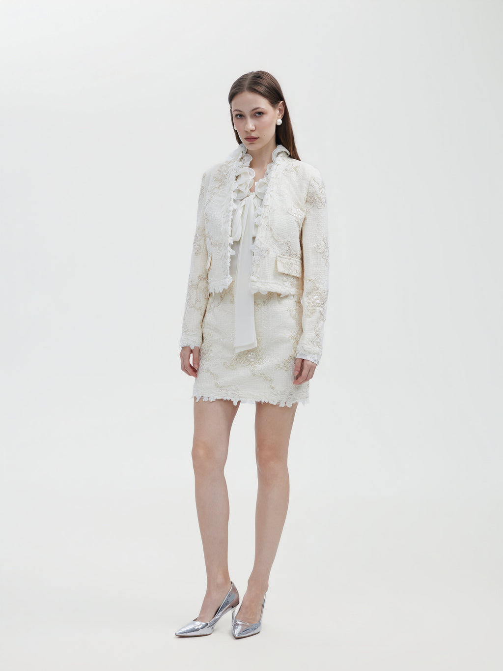 LVORY LACE TRIMMED TWEED JACKET