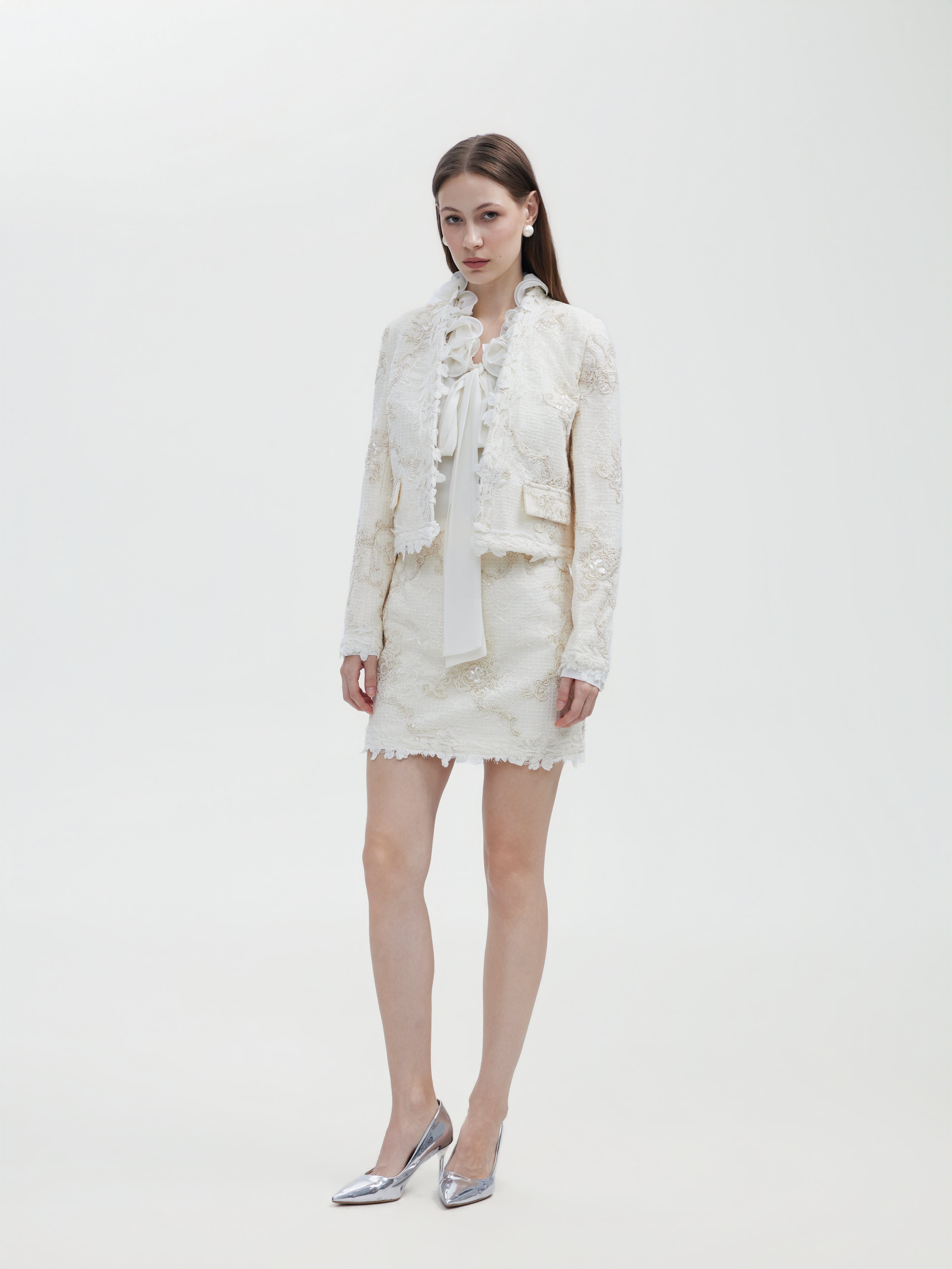 LVORY LACE TRIMMED TWEED JACKET