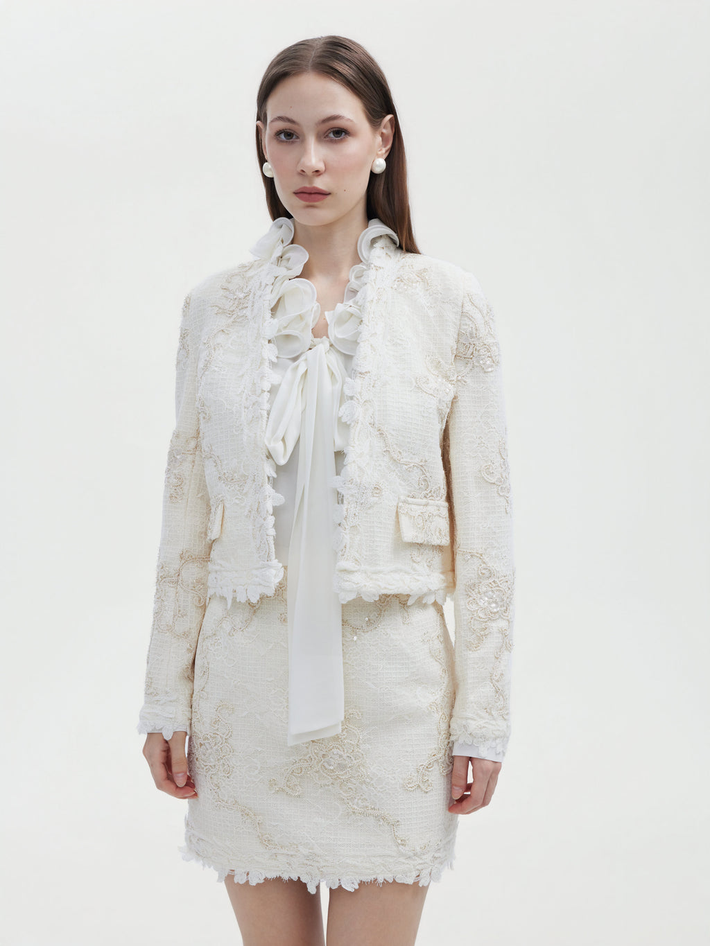 LVORY LACE TRIMMED TWEED JACKET