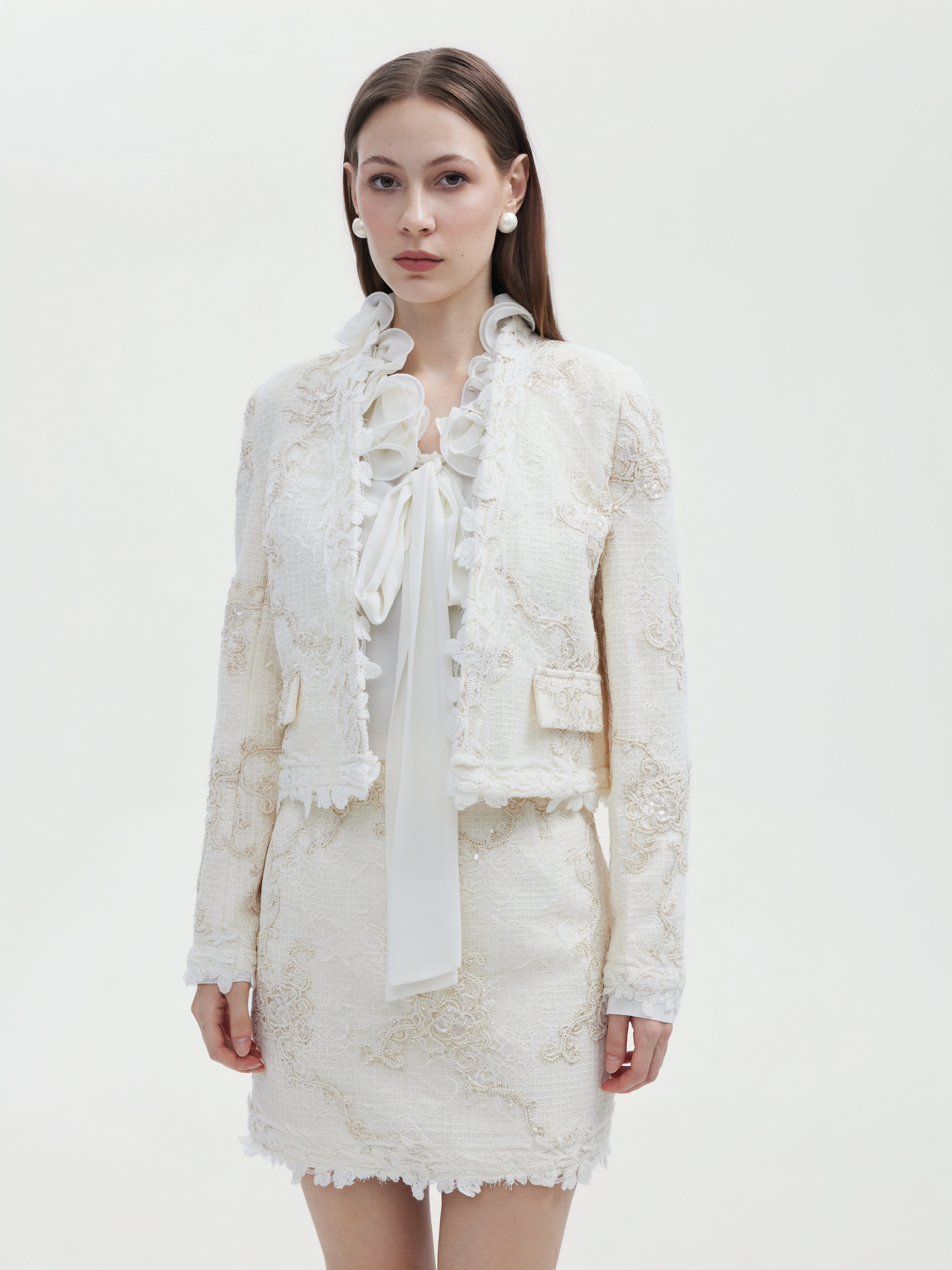 LVORY LACE TRIMMED TWEED JACKET