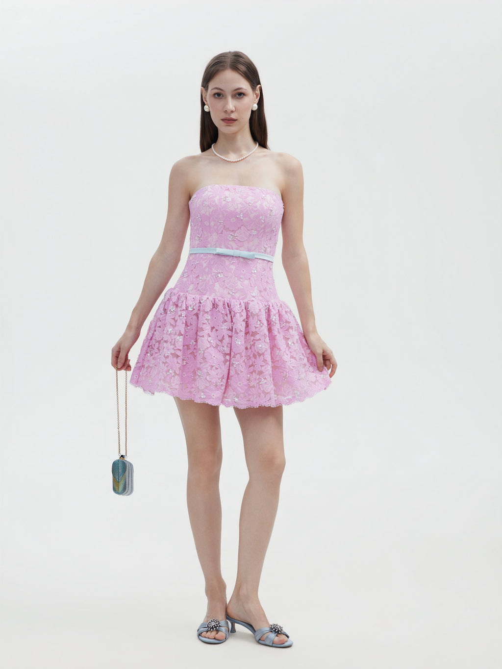 PINK LACE STRAPLESS MINI DRESS WITH BOW