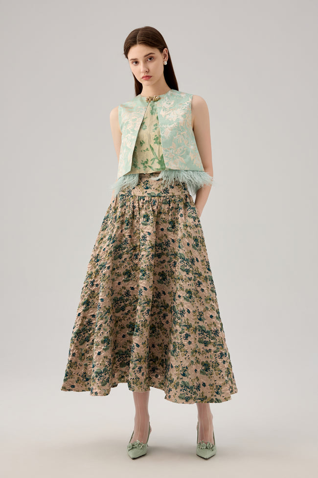 Feather trimmed jacquard silk top Hover Image