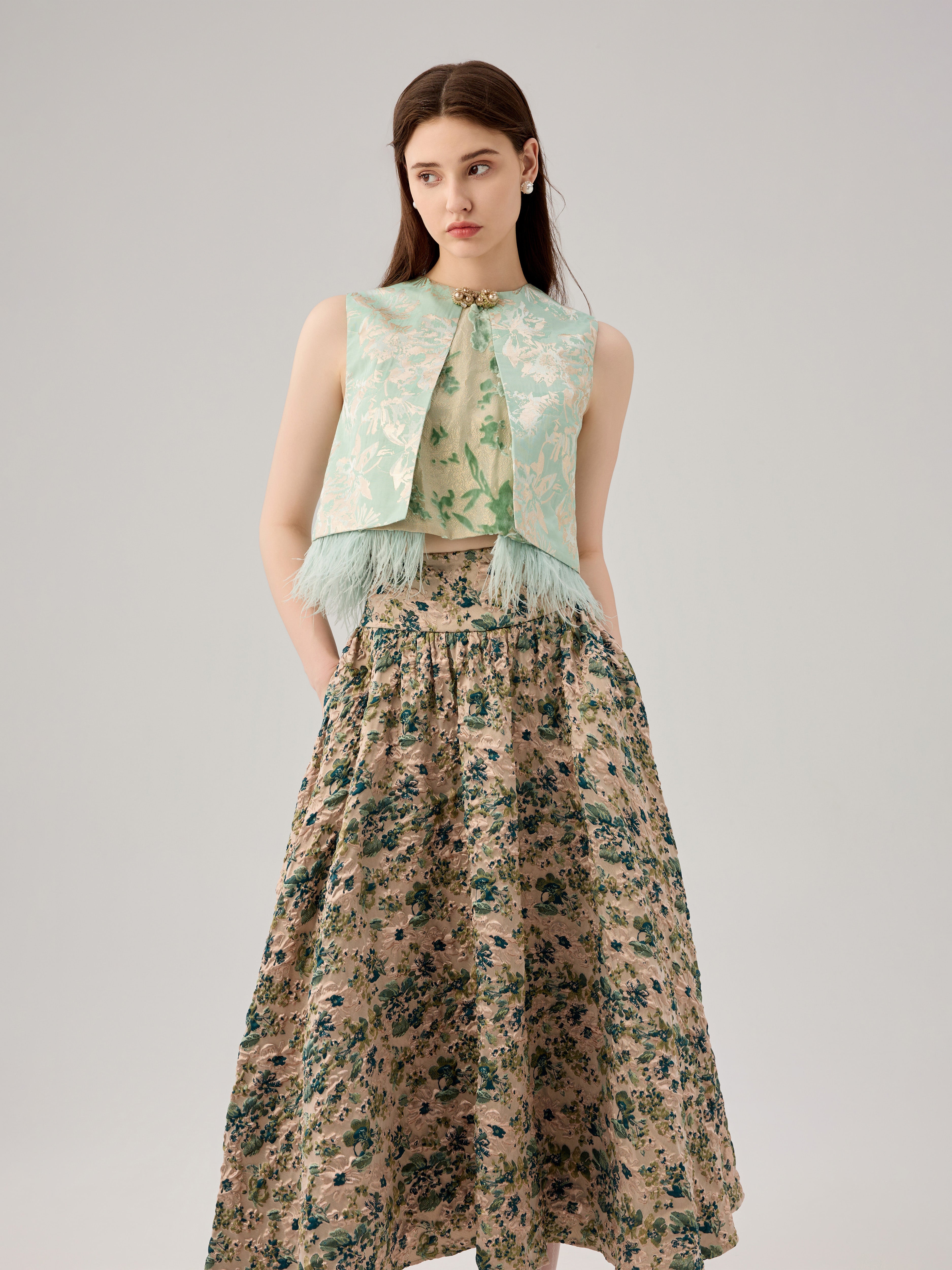FEATHER TRIMMED JACQUARD SILK TOP