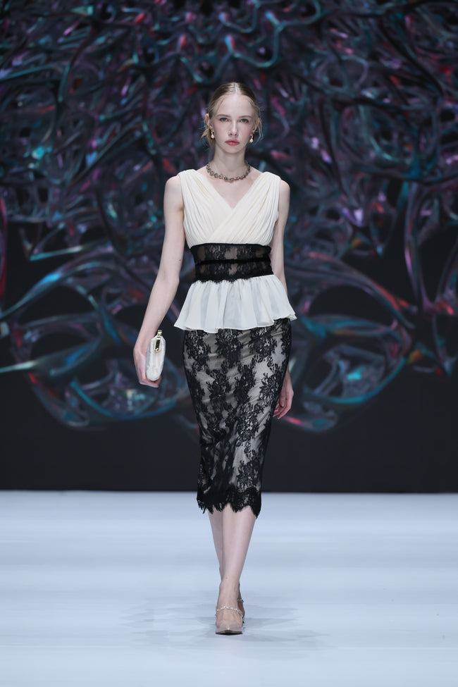 pleated chiffon lace top Hover Image